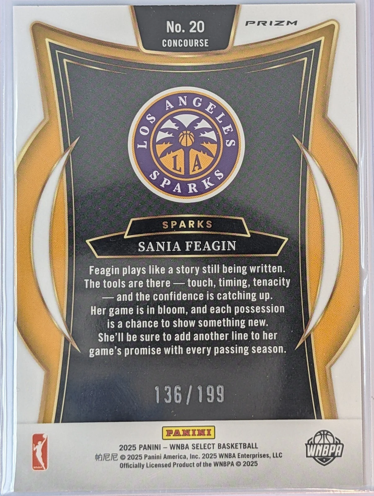 Back of 2025 Panini Select WNBA #20 Sania Feagin Blue Scope /199