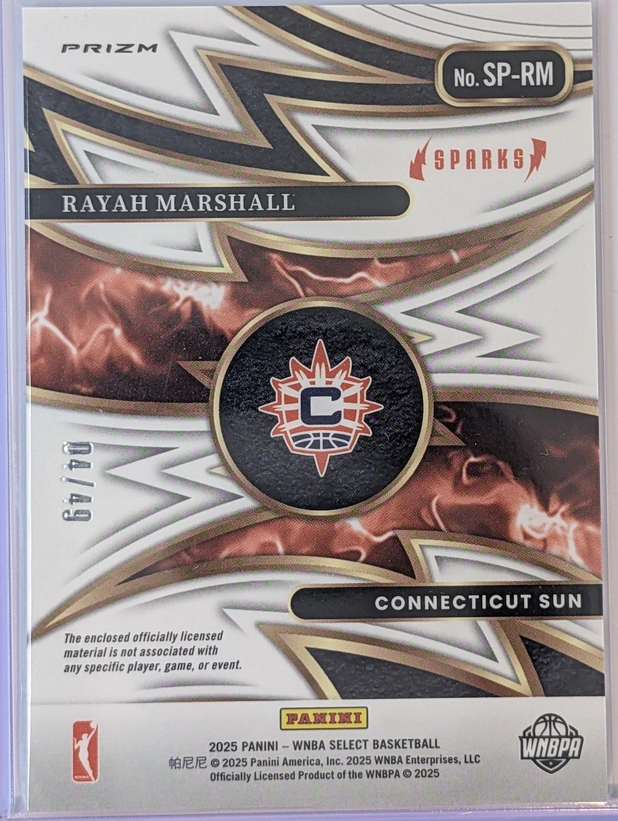 Back of 2025 Panini Select WNBA Rayah Marshall Purple Sparks /49