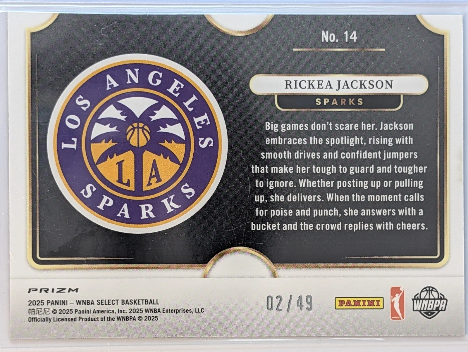 Back of JERSY MATCH! 2025 Panini Select WNBA 2/49 #14 Rickea Jackson Snapshots Blue /49
