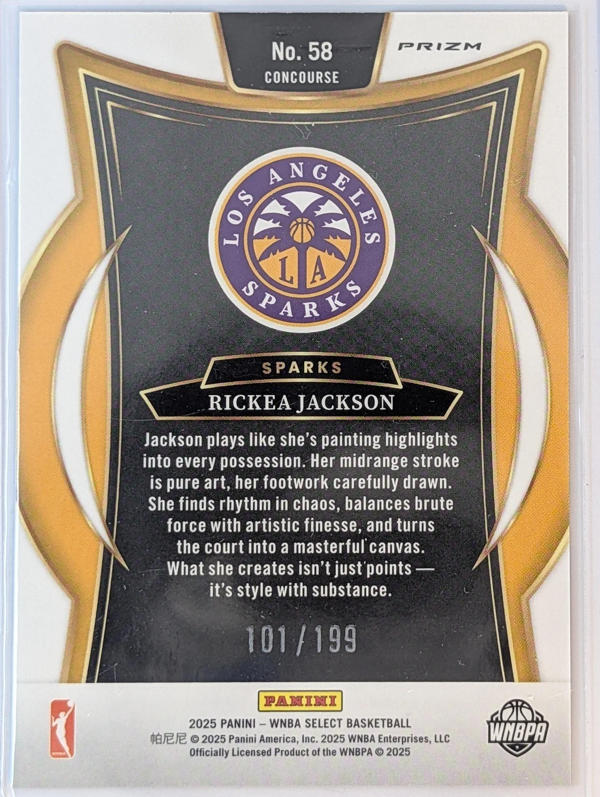 Back of 2025 Panini Select WNBA /199 #58 Rickea Jackson Blue Scope Prizms