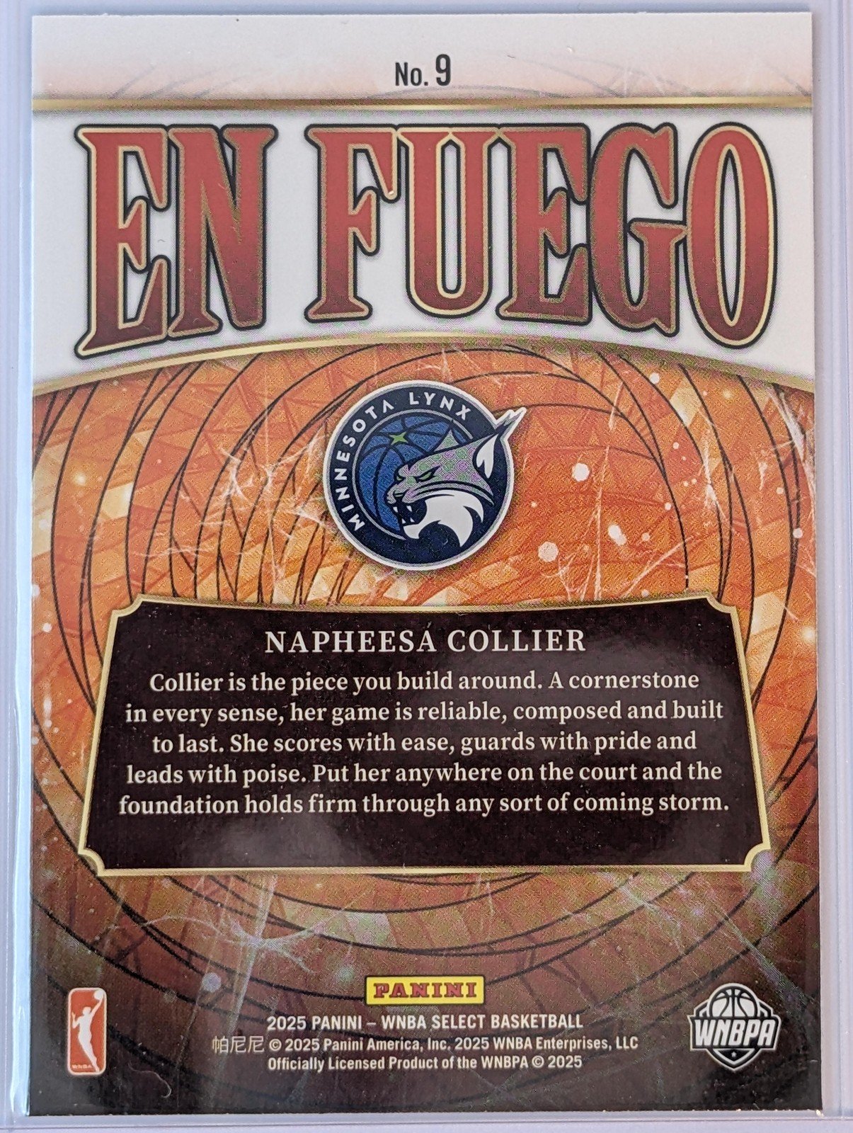 Back of 2025 Panini Select WNBA #9 Napheesa Collier En Fuego