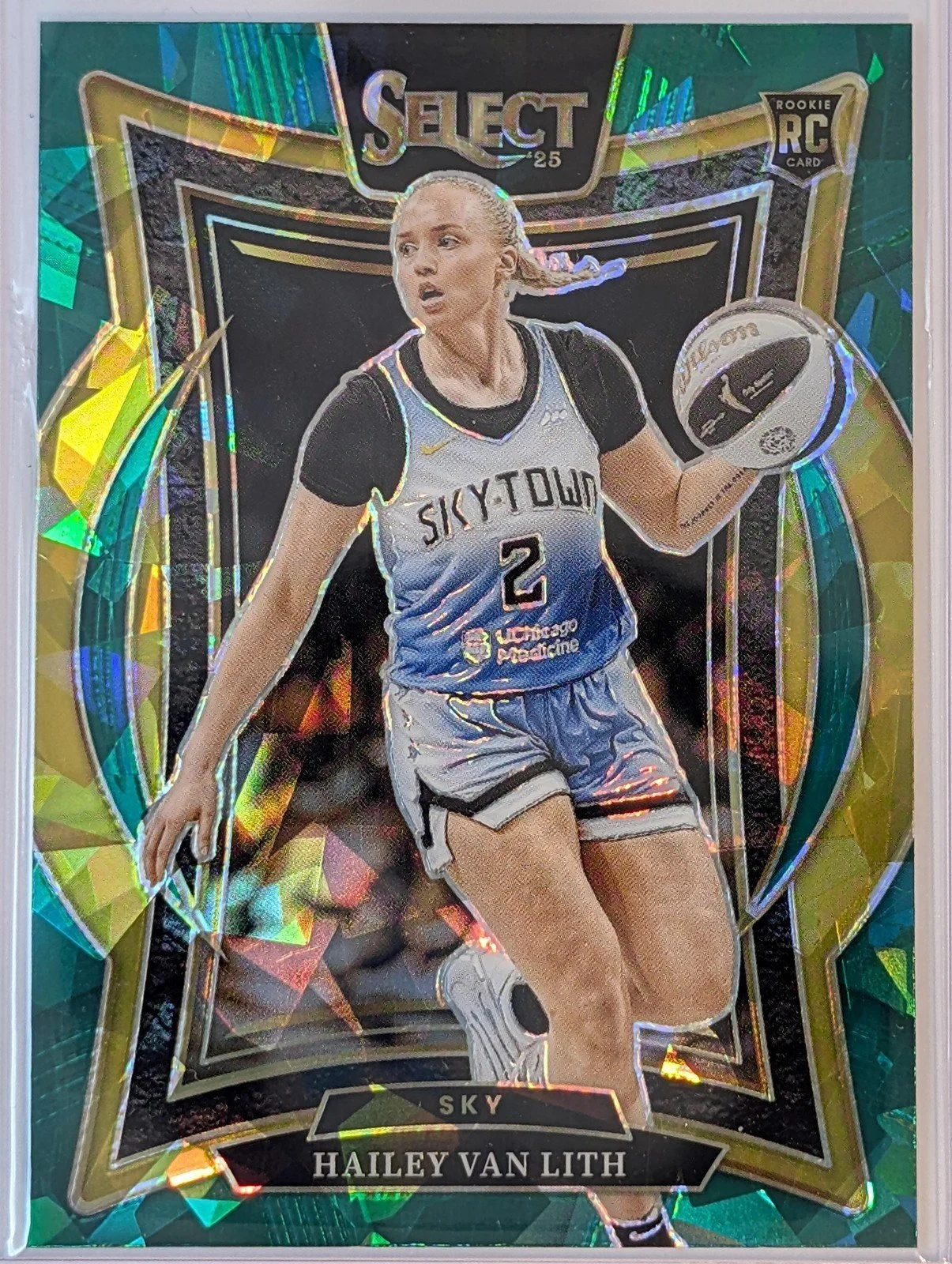 Front of 2025 Panini Select WNBA #30 Hailey Van Lith Green Ice Prizms