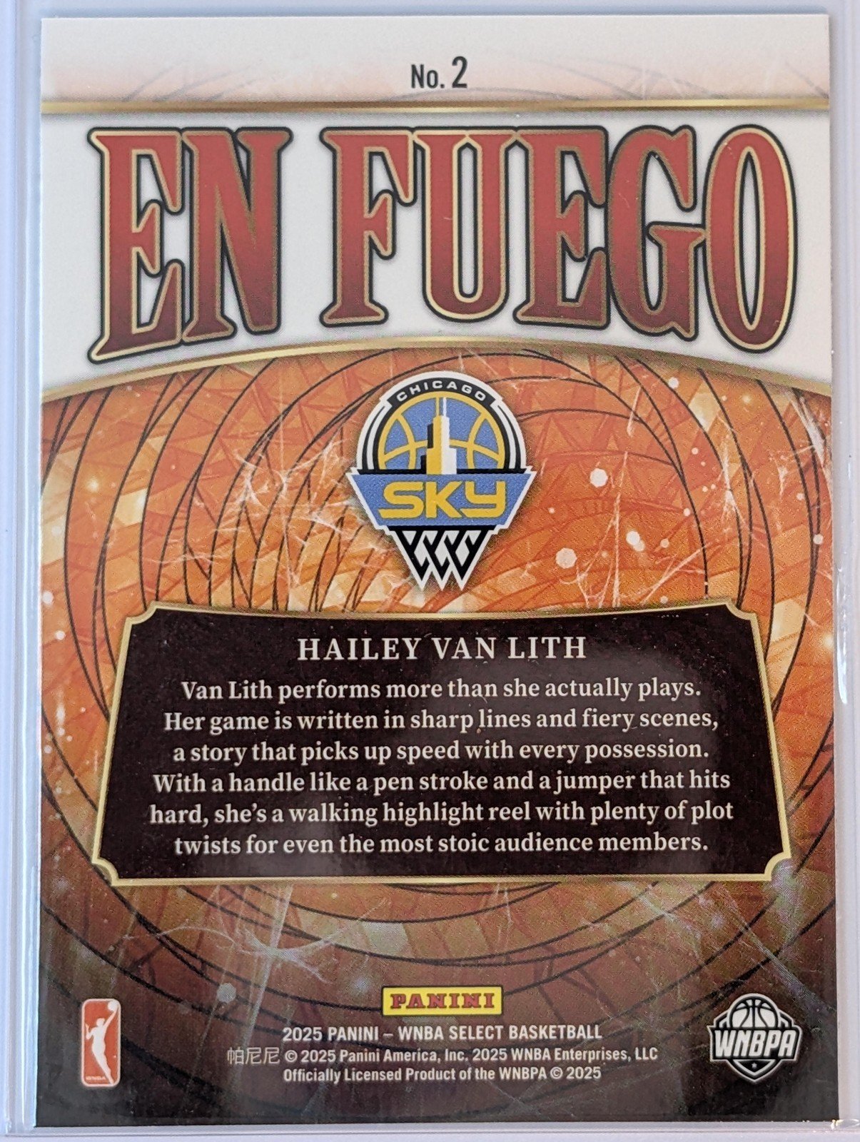 Back of 2025 Panini Select WNBA #2 Hailey Van Lith En Fuego