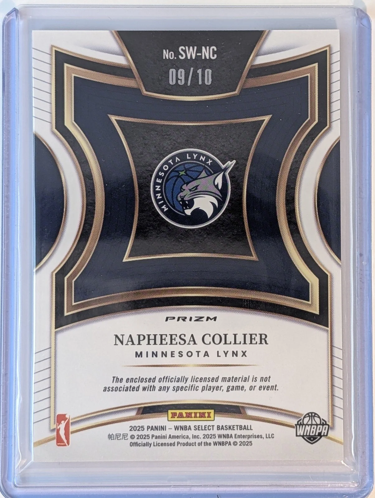 Back of 2025 Panini Select WNBA /10 #SW-NC Napheesa Collier Gold  Prizm Patch