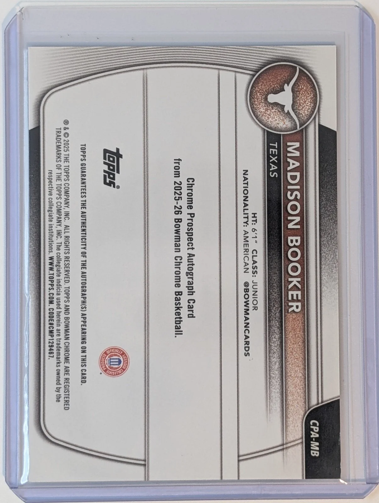 Back of 2025-26 Bowman #CPA-MB Madison Booker Prospect Auto Purple Refractor #/250