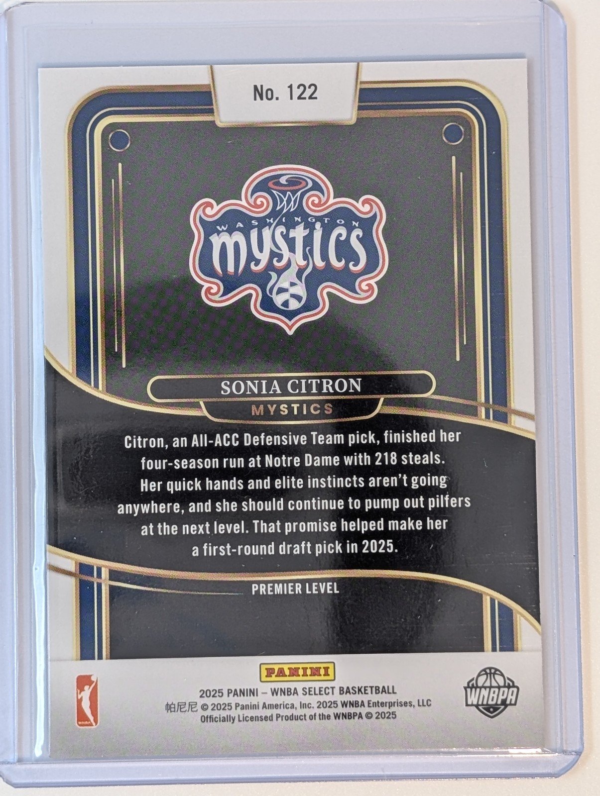Back of 2025 Panini Select WNBA #122 Sonia Citron