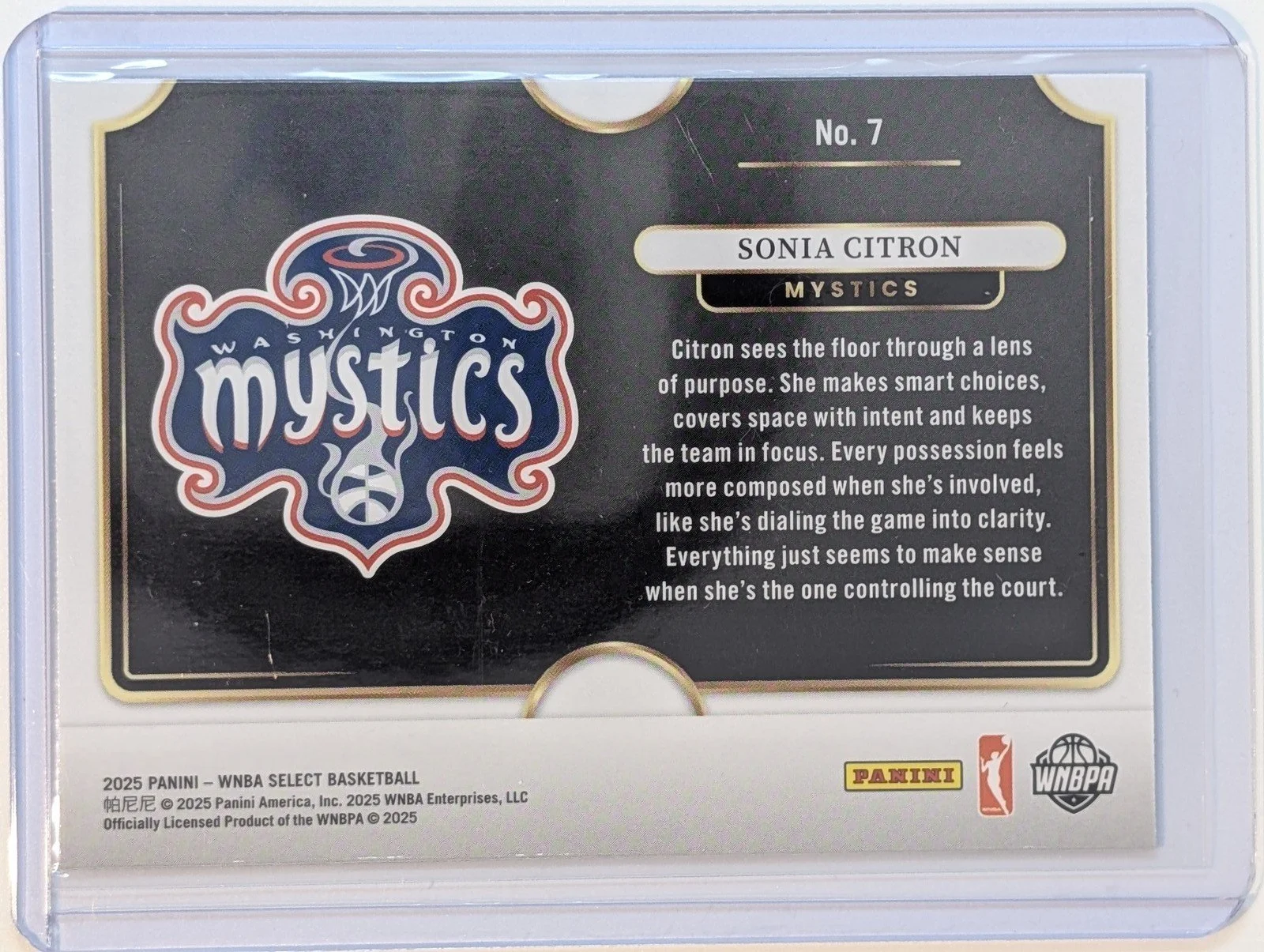 Back of 2025 Panini Select WNBA #7 Sonia Citron Snapshots RC