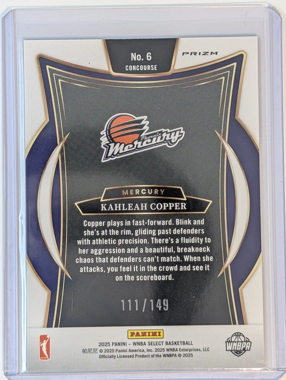 Back of 2025 Panini Select WNBA /149 #6 Kahleah Copper Red Prizms
