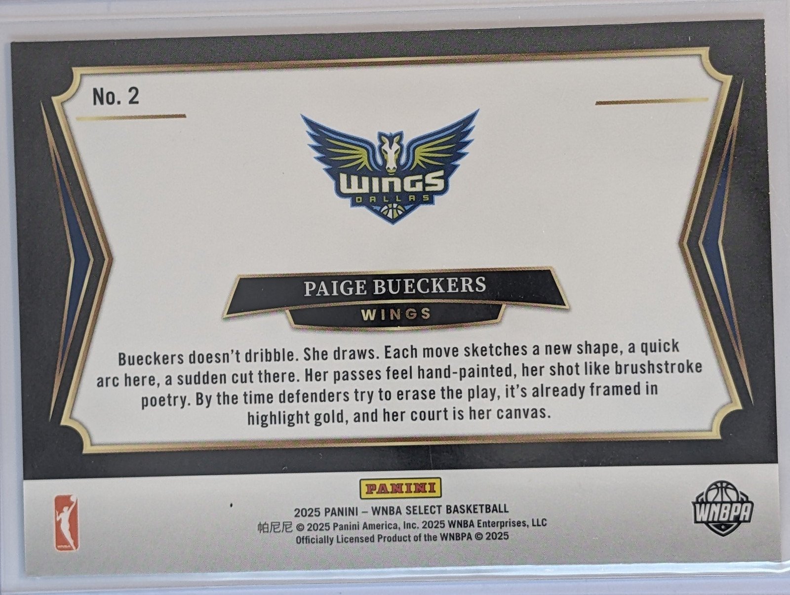 Back of 2025 Panini Select WNBA #2 Paige Bueckers All-Stars RC