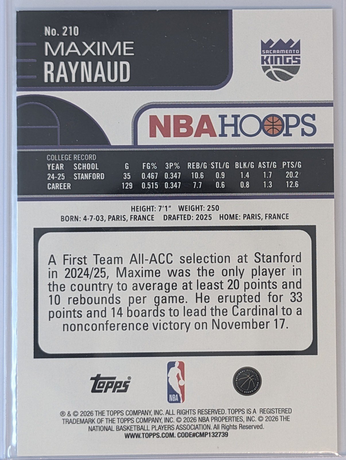 Back of 2025-26 Hoops #210 Maxime Raynaud refractor