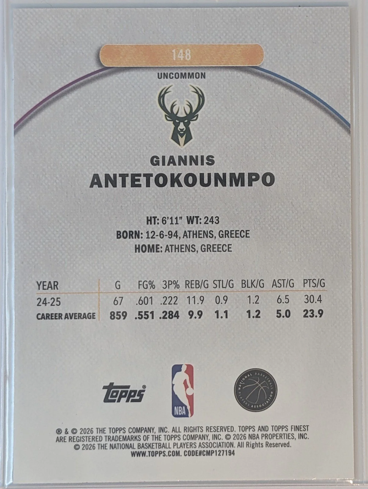 Back of 2025-26 Finest #148 Giannis Antetokounmpo
