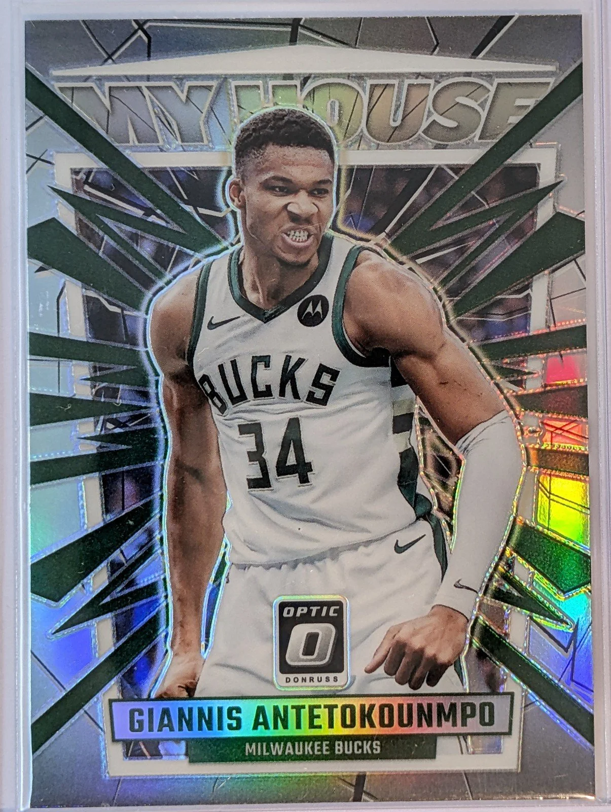 Front of 2023-24 Donruss Optic #11 Giannis Antetokounmpo My House Holo Prizm