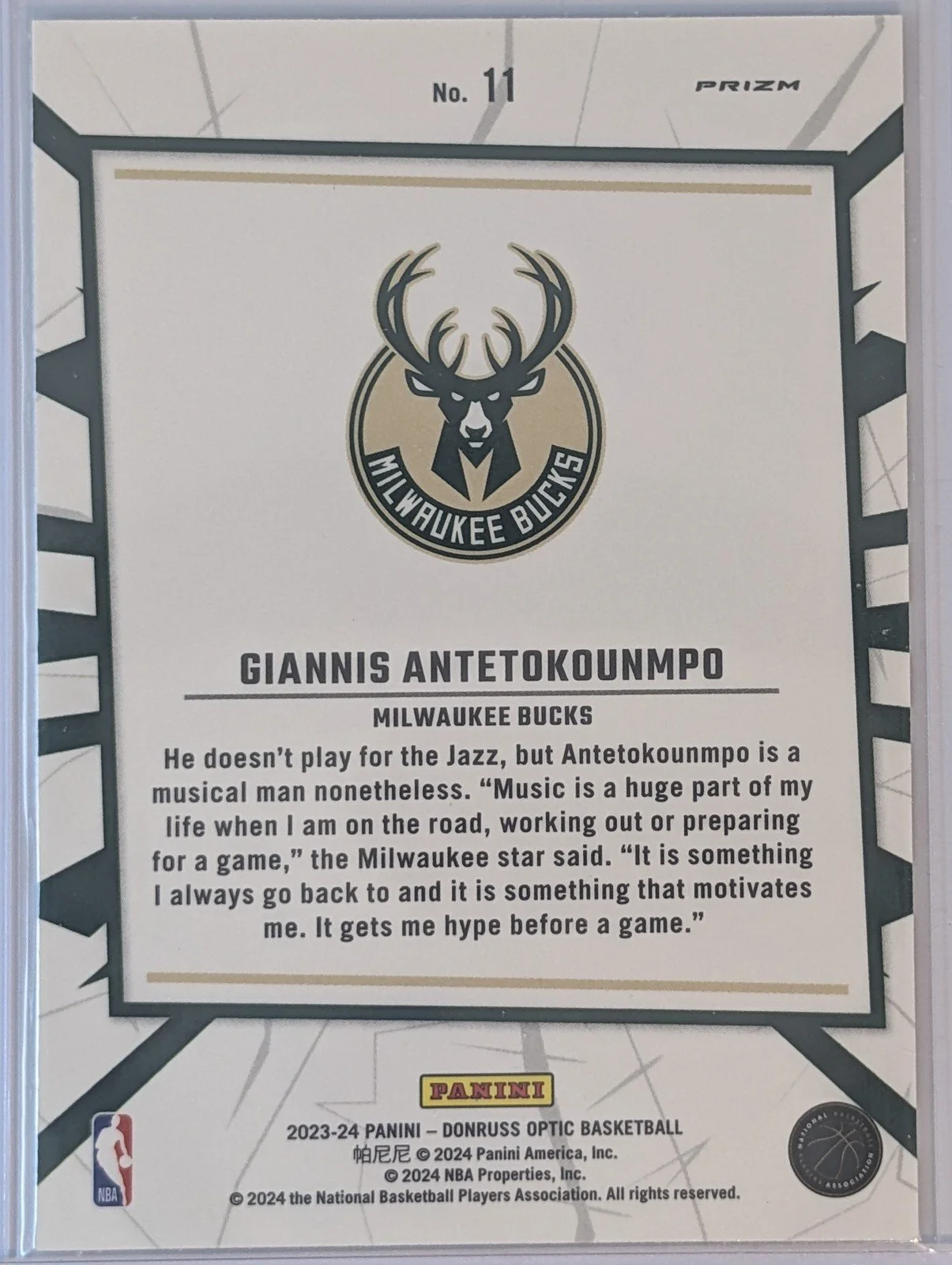 Back of 2023-24 Donruss Optic #11 Giannis Antetokounmpo My House Holo Prizm