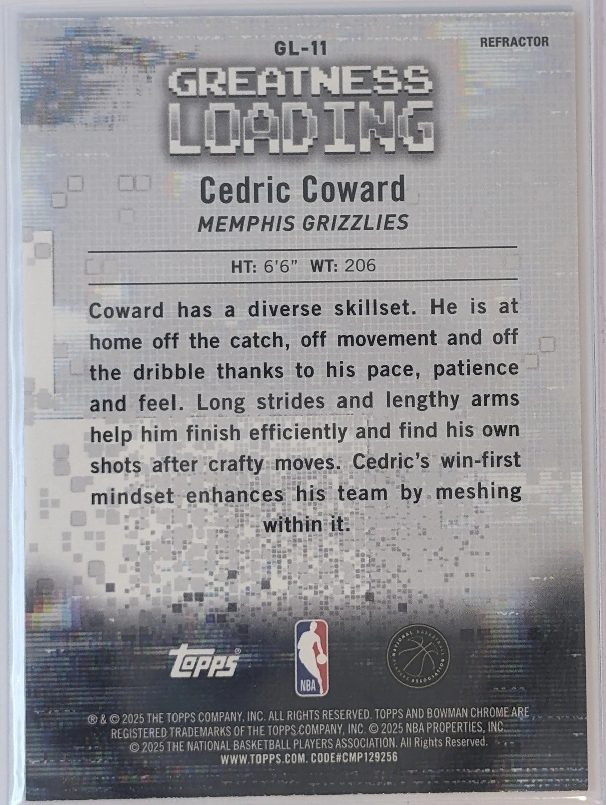 Back of 2025-26 Bowman #GL-11 Cedric Coward Greatness Loading Refractor