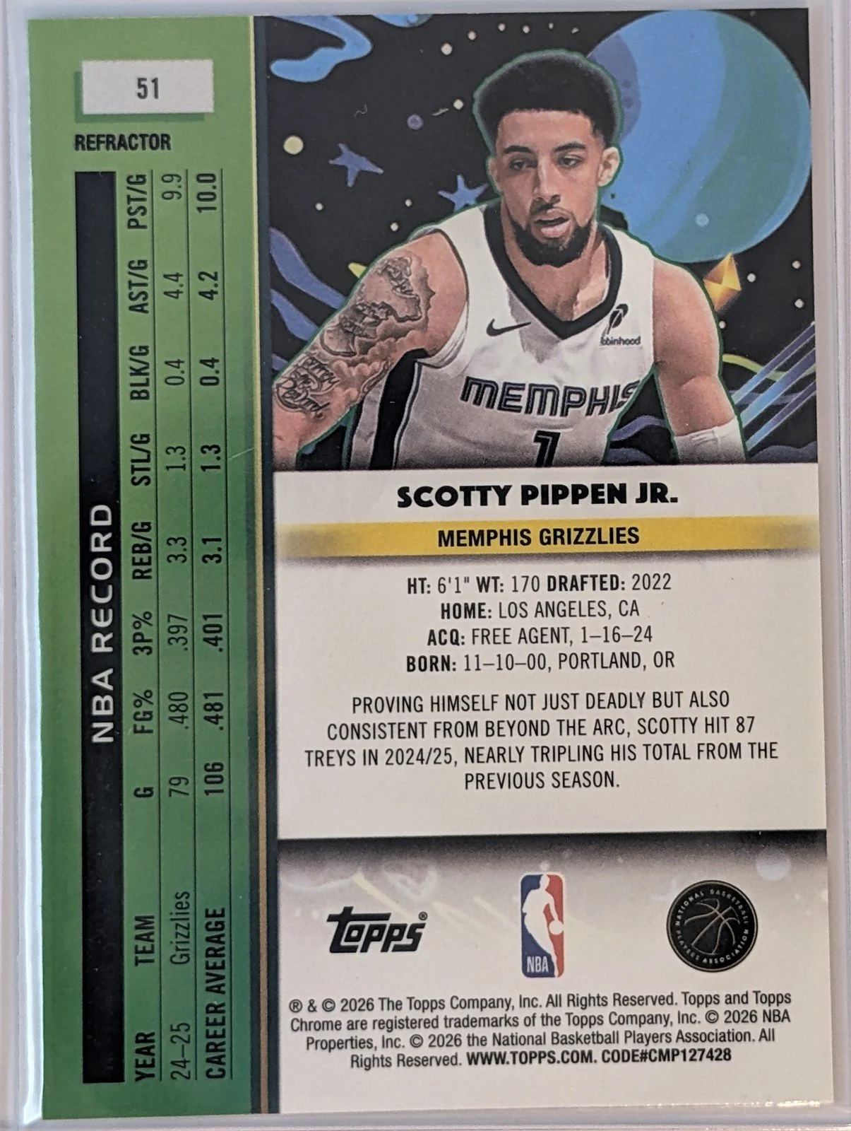 Back of 2025-26 Topps Chrome Cosmic #51 Scotty Pippen Jr.