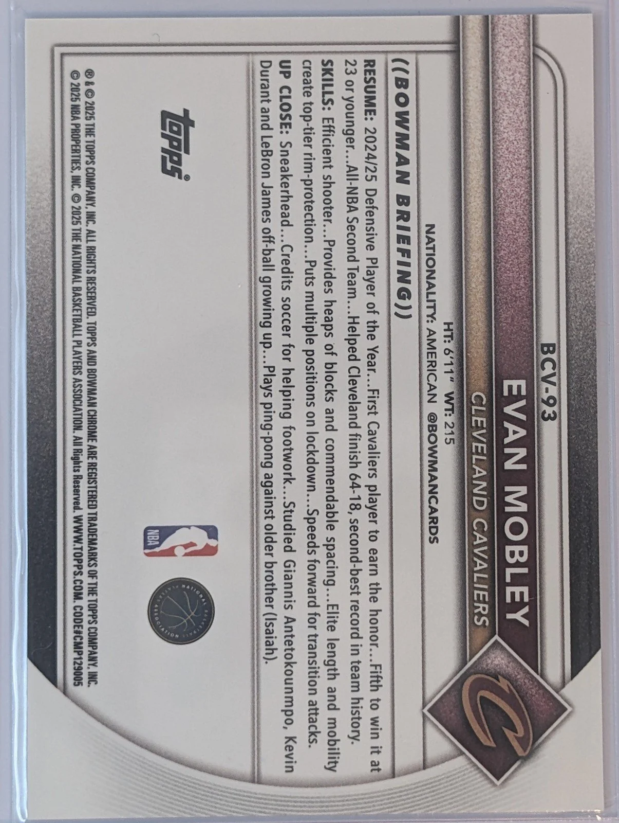 Back of 2025-26 Bowman #93 Evan Mobley Sapphire