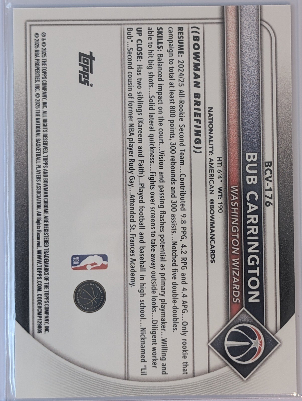 Back of 2025-26 Bowman Sapphire Edition #BCV-176 Bub Carrington