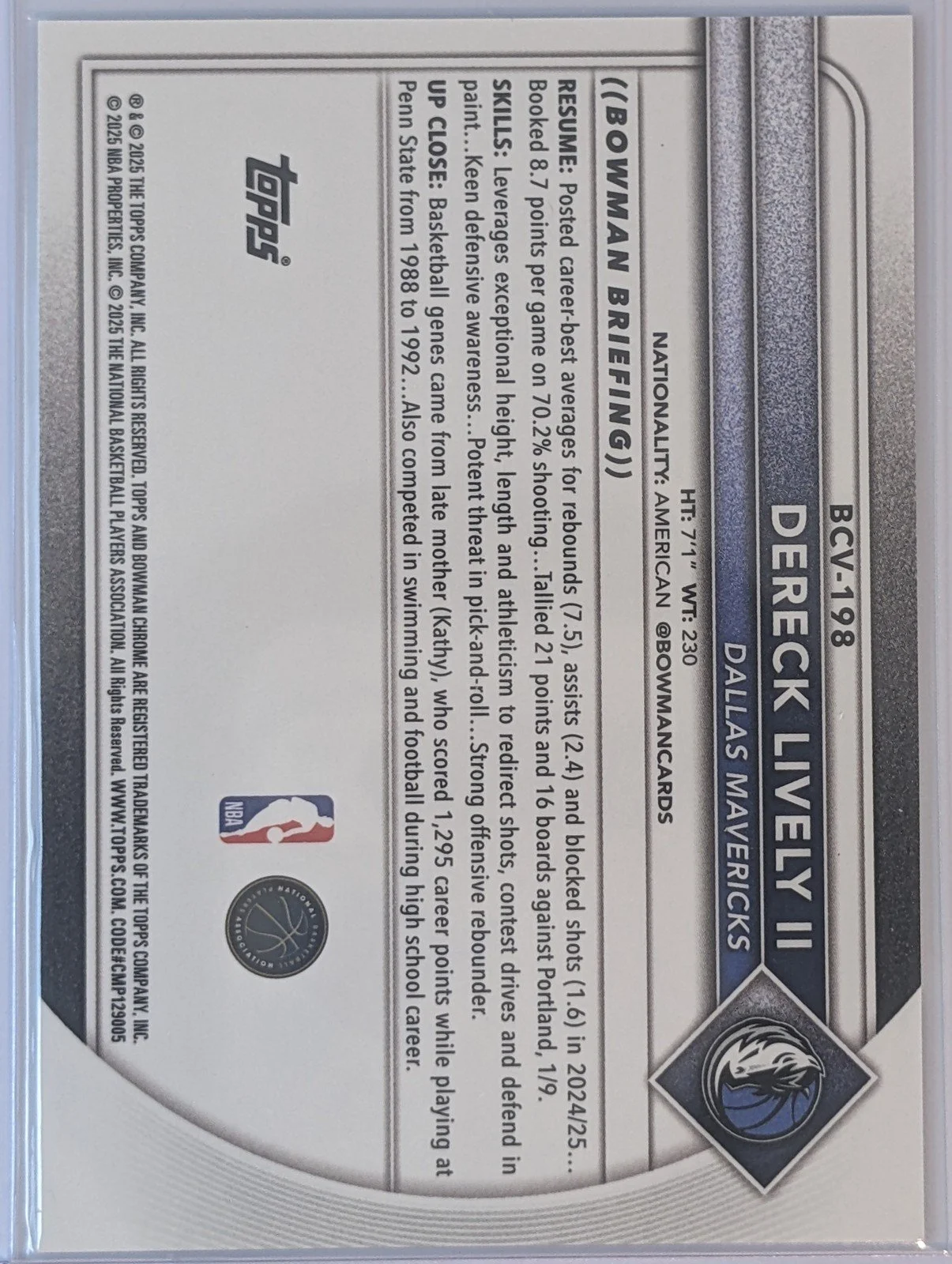 Back of 2025-26 Bowman #BCV-198 Dereck Lively II Chrome Sapphire