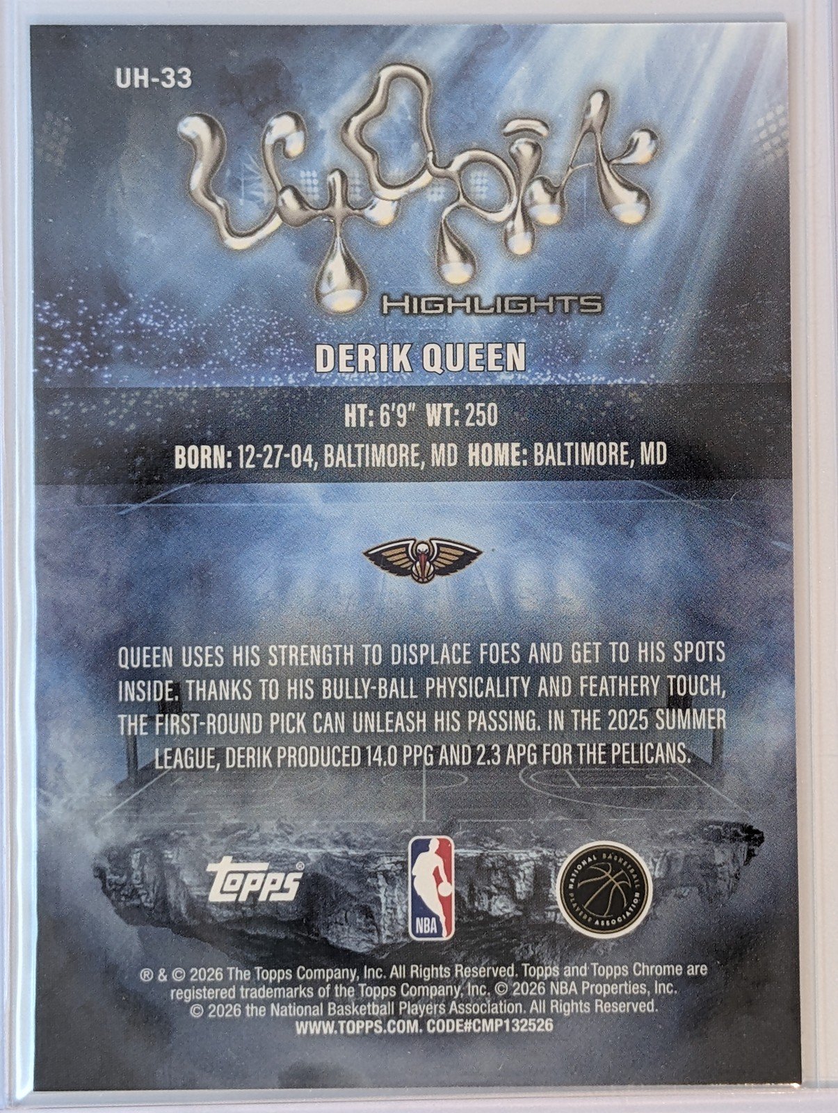 Back of 2025-26 Topps Chrome Cactus Jack #UH-33 Derik Queen Utopia Highlights