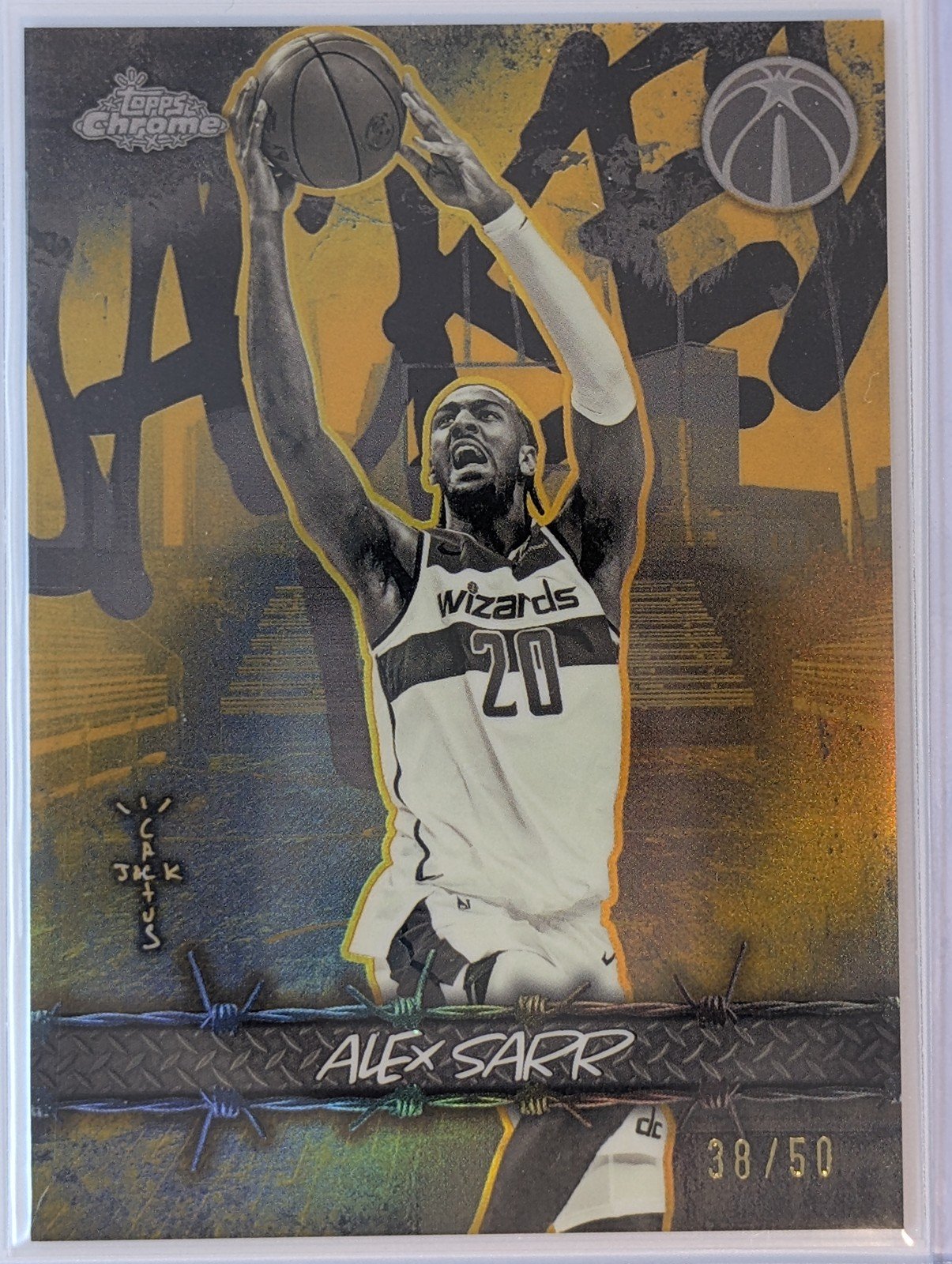 Front of 2025-26 Topps Chrome Cactus Jack /50 Alex Sarr Jacked Up Gold Refractor #JU-27