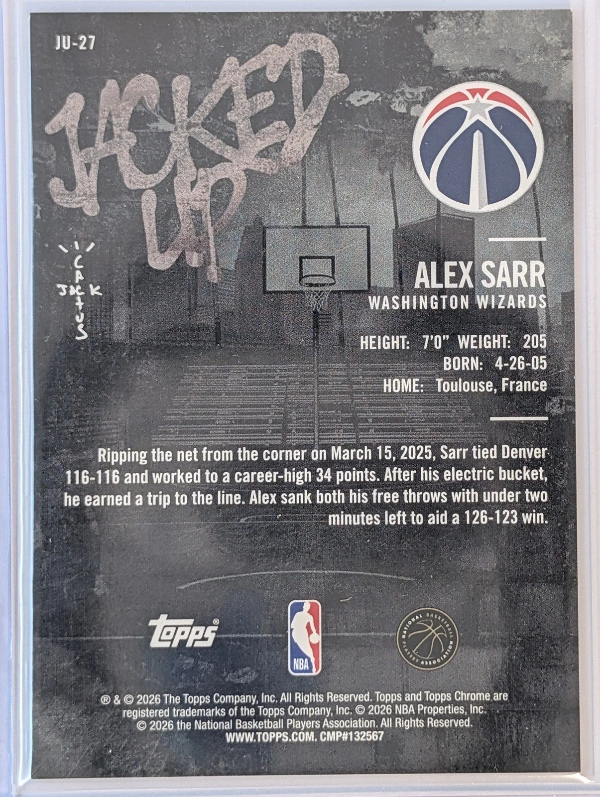 Back of 2025-26 Topps Chrome Cactus Jack /50 Alex Sarr Jacked Up Gold Refractor #JU-27