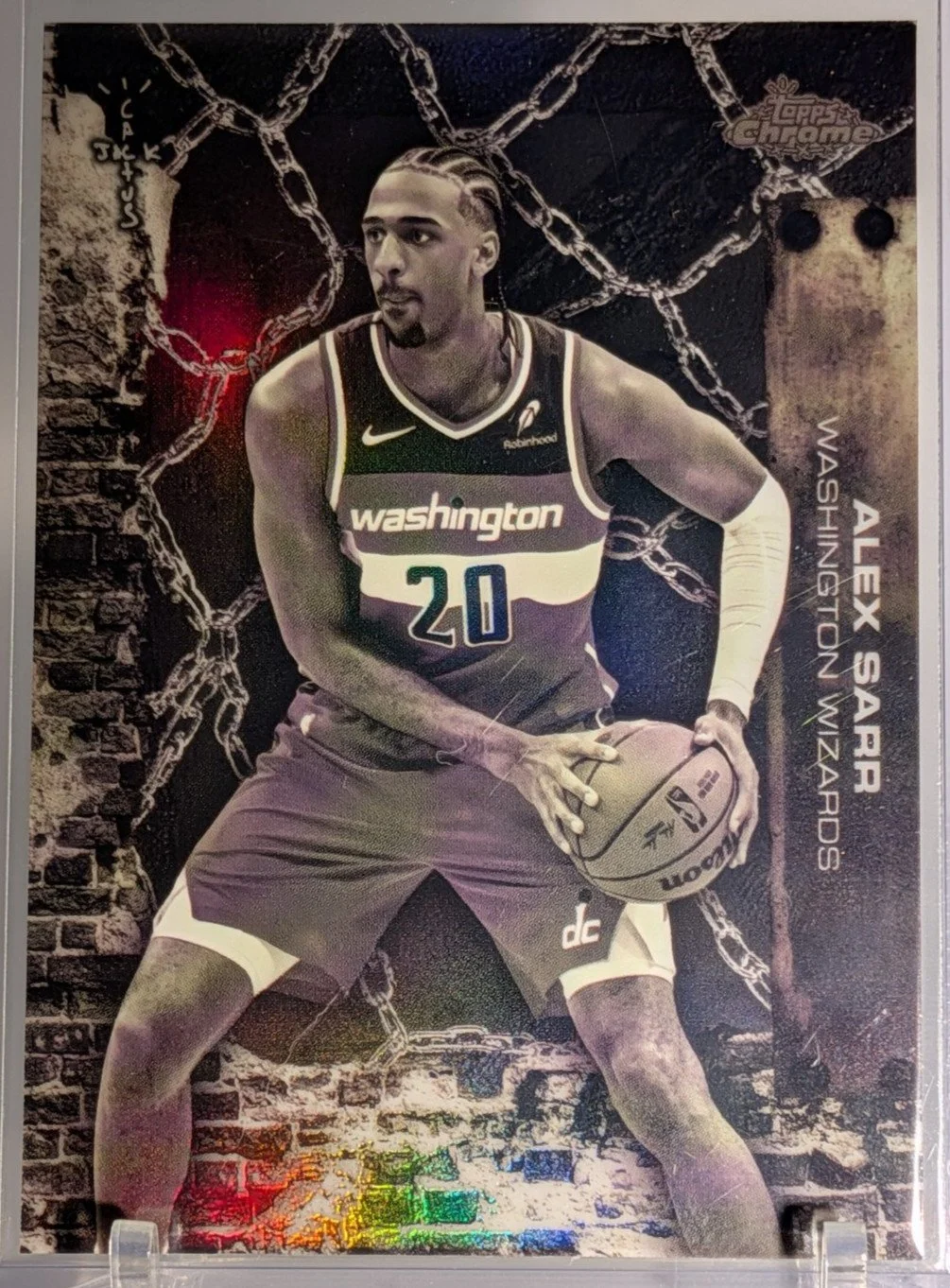 Front of 2025-26 Topps Chrome Cactus Jack #29 Alex Sarr Cactus Jack White Refractor