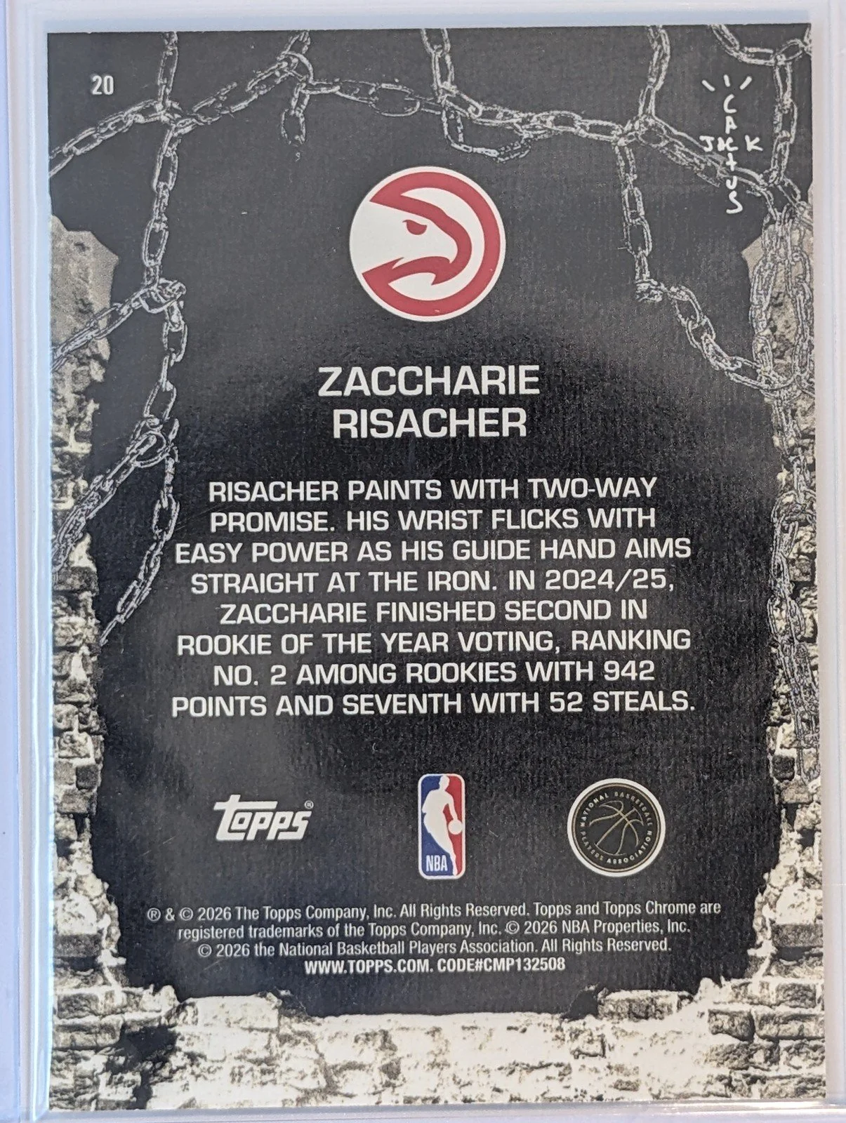 Back of 2025-26 Topps Chrome Cactus Jack #20 Zaccharie Risacher White Refractor