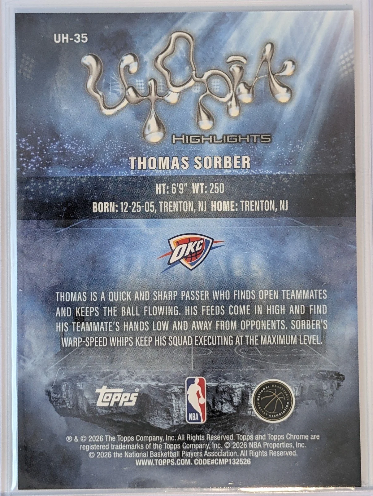 Back of 2025-26 Topps Chrome Cactus Jack #UH-35 Thomas Sorber UTOPIA Hightlights RC