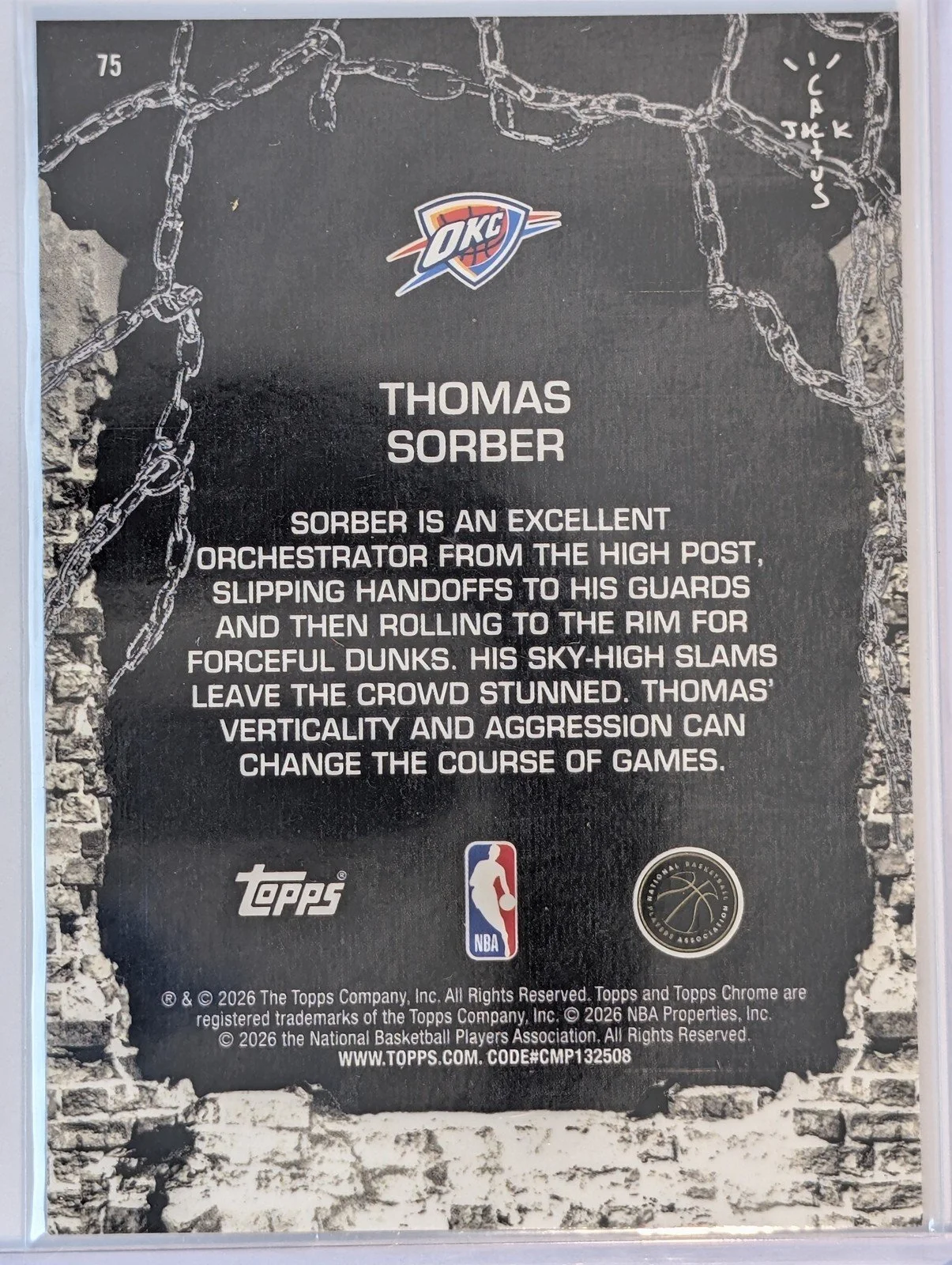 Back of 2025-26 Topps Chrome Cactus Jack /175 #75 Thomas Sorber Lasers Refractor
