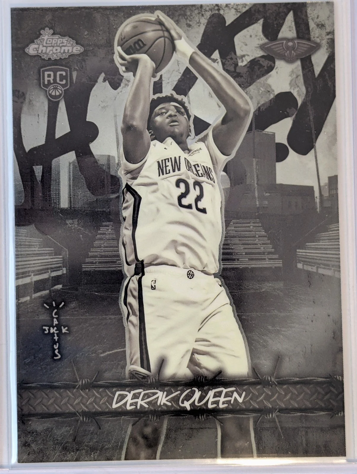 Front of 2025-26 Topps Chrome Cactus Jack #JU-6 Derik Queen Jacked Up