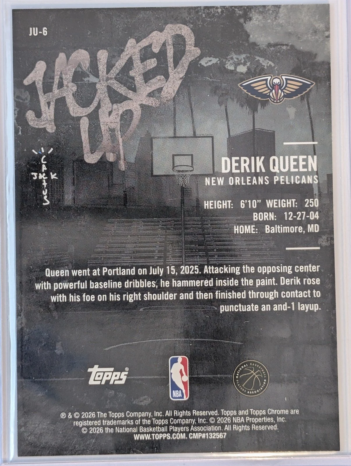 Back of 2025-26 Topps Chrome Cactus Jack #JU-6 Derik Queen Jacked Up