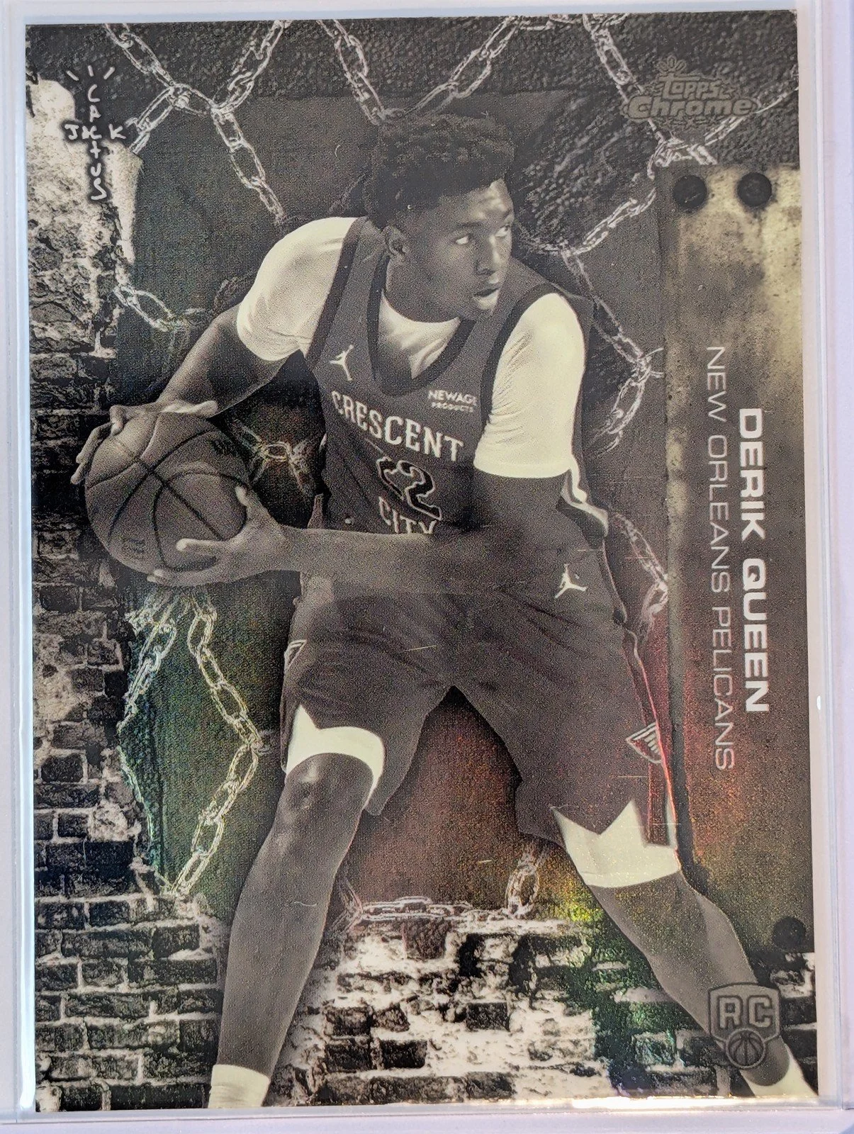 Front of 2025-26 Topps Chrome Cactus Jack #73 Derik Queen White Refractor