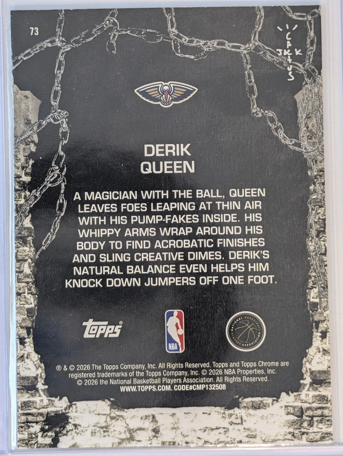 Back of 2025-26 Topps Chrome Cactus Jack #73 Derik Queen White Refractor
