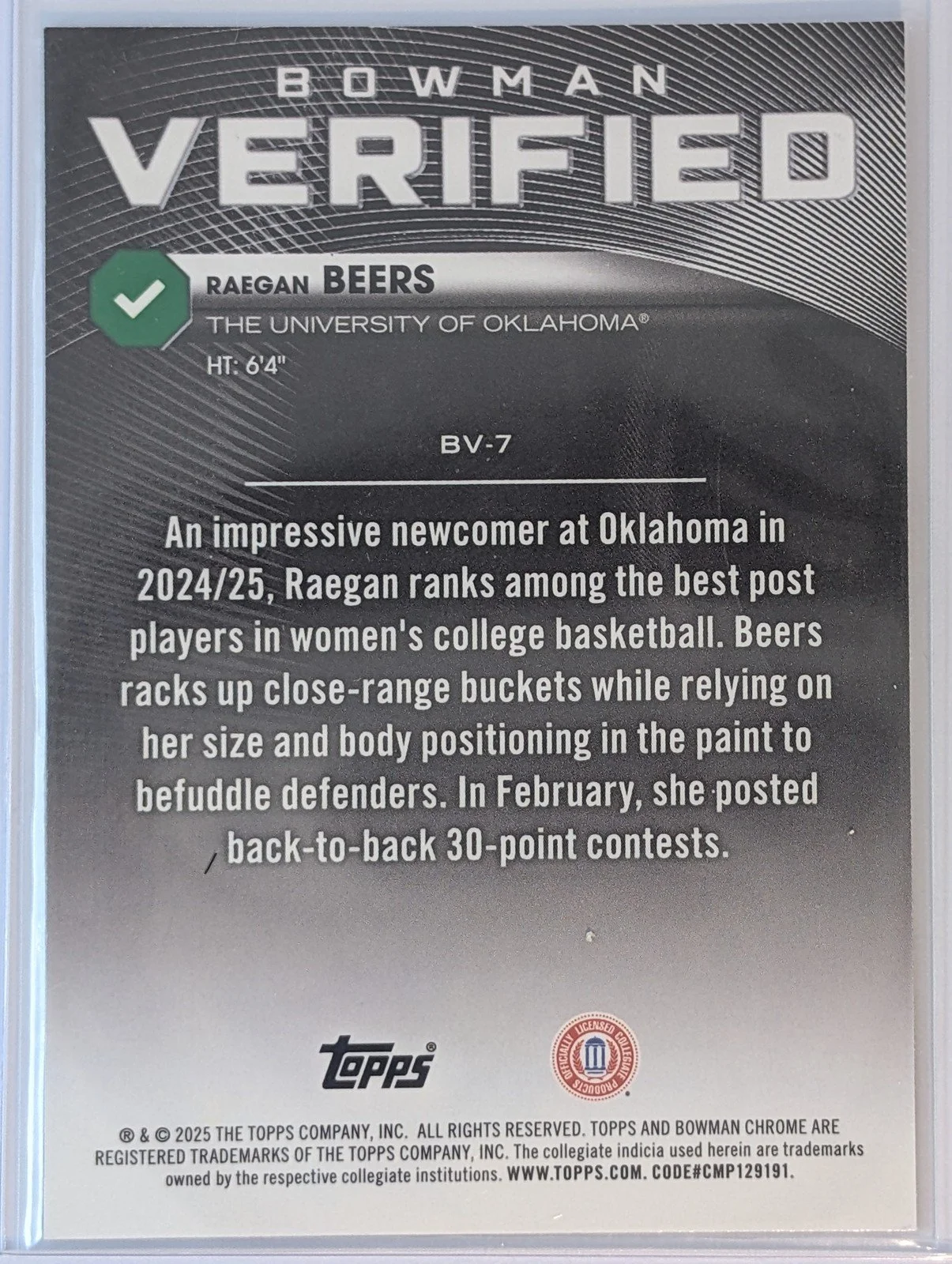Back of 2025-26 Bowman #BV-7 Raegan Beers Bowman Verified