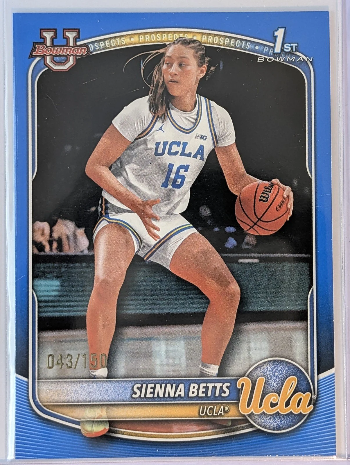 Front of 2025-26 Bowman /150 #BPP-13 Sienna Betts Chrome Prospects Blue Border