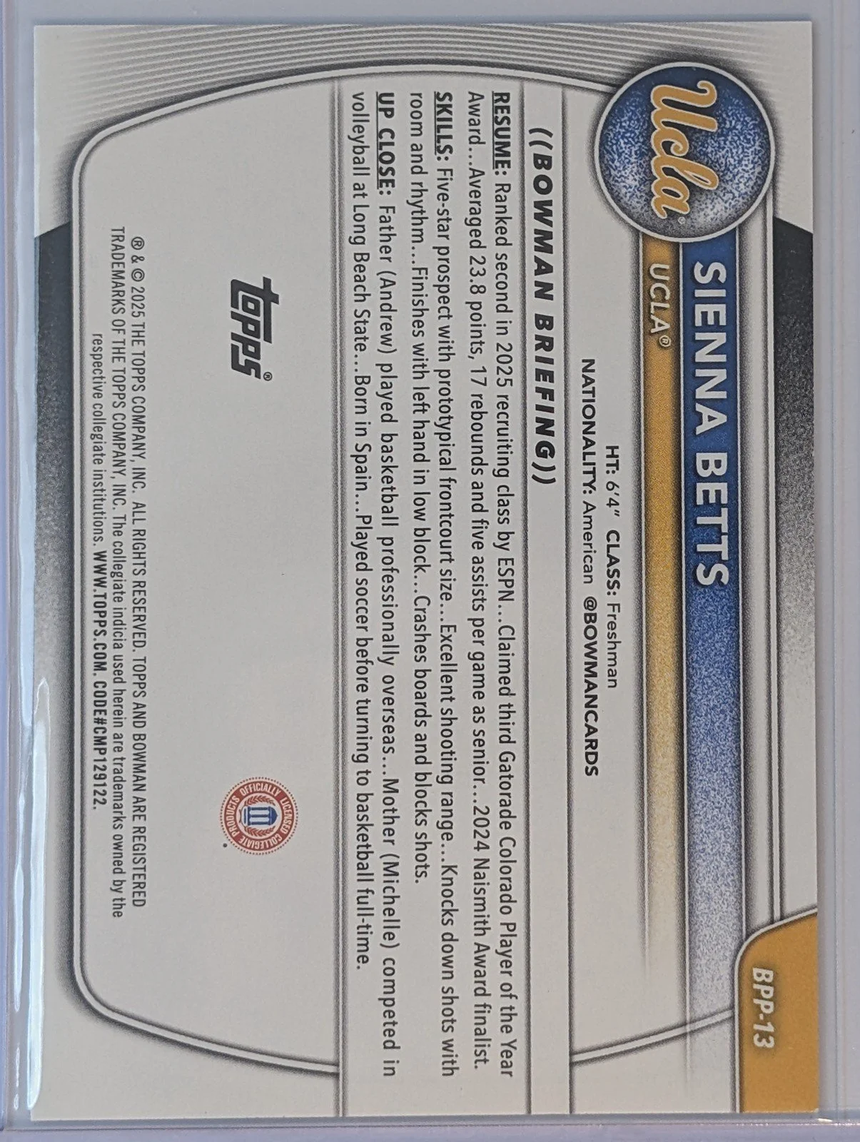 Back of 2025-26 Bowman /150 #BPP-13 Sienna Betts Chrome Prospects Blue Border
