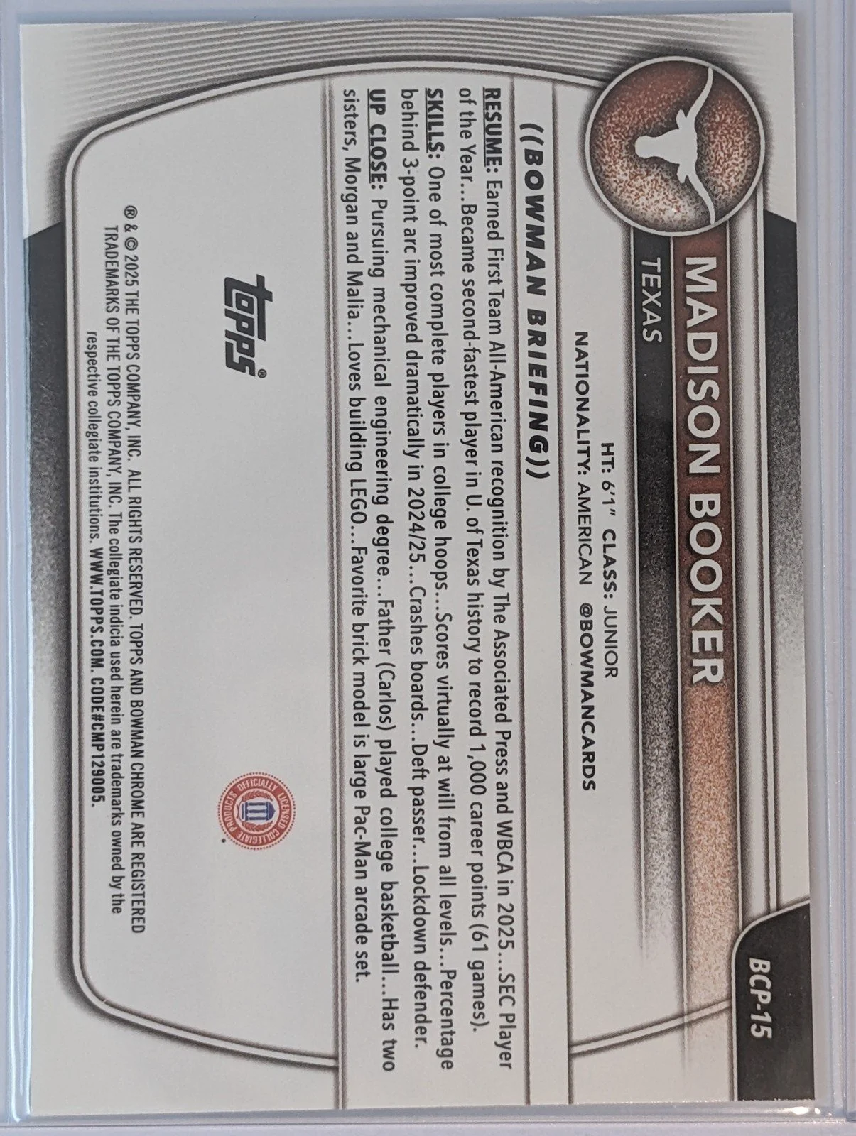 Back of 2025-26 Bowman #BCP-15 Madison Booker Chrome Prospects