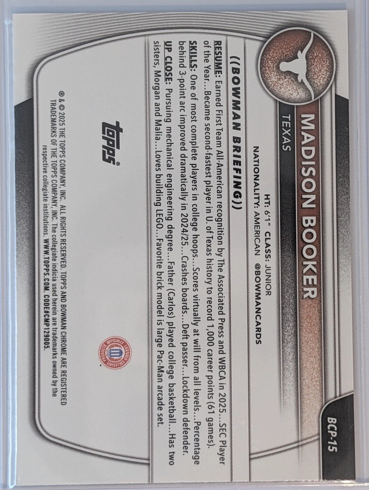 Back of 2025-26 Bowman #BCP-15 Madison Booker Chrome Prospects Mojo Refractor