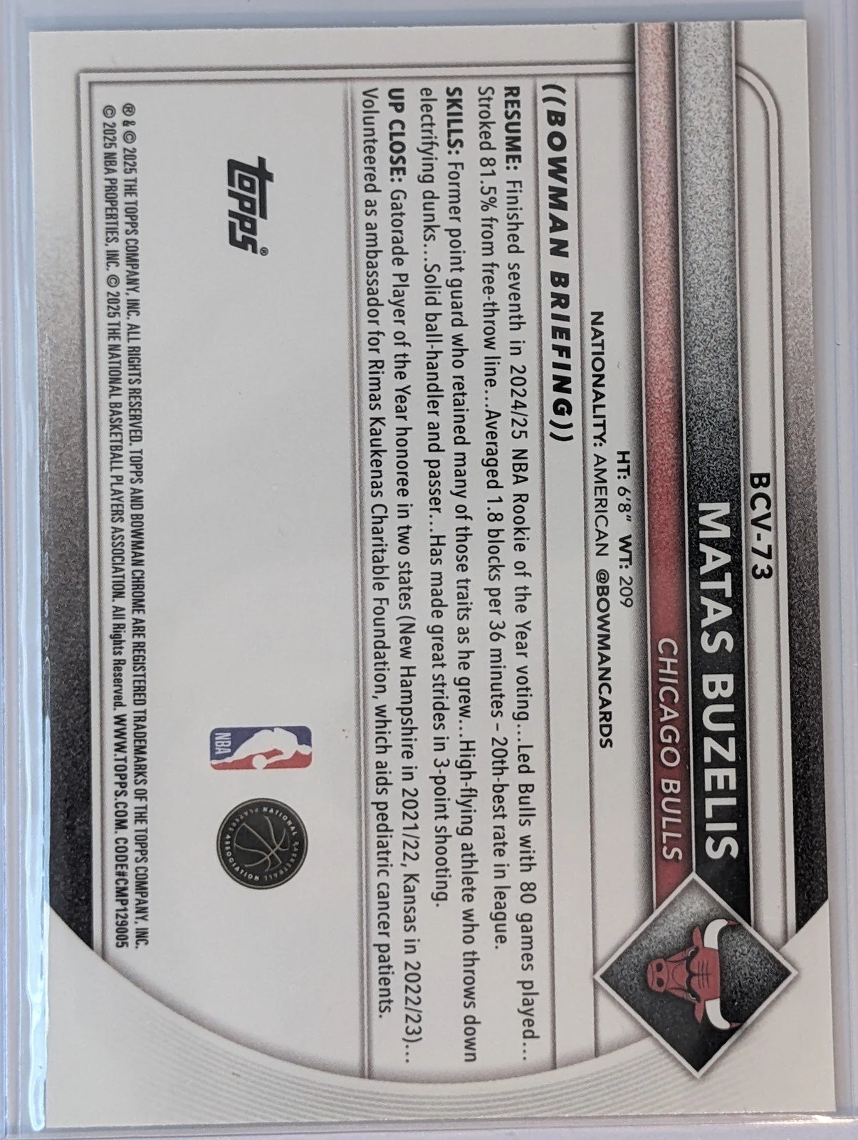 Back of 2025-26 Bowman #BCV-73 Matas Buzelis Chrome Reptilian Refractors
