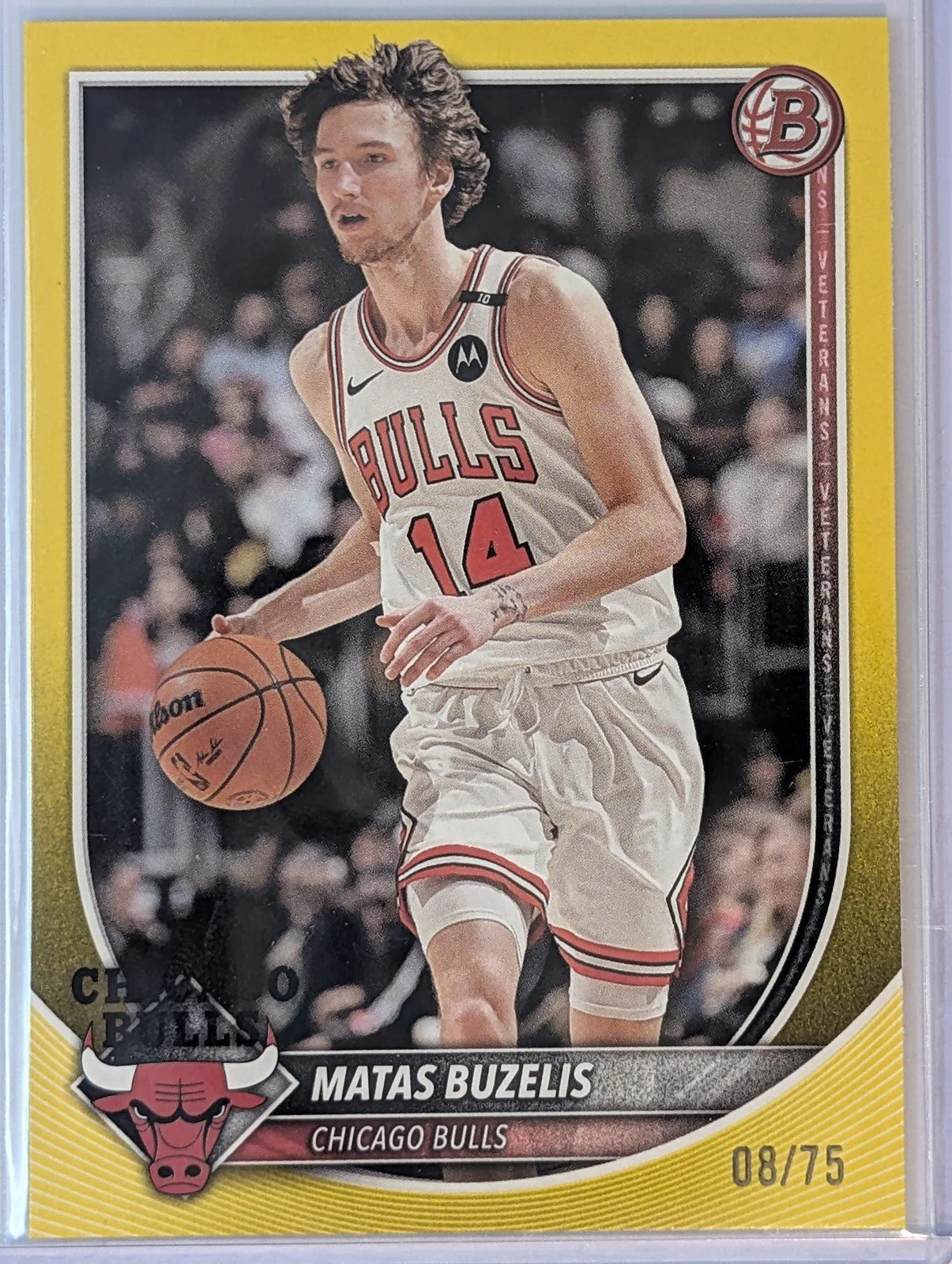 Front of 2025-26 Bowman #73 Matas Buzelis Yellow Border #/75