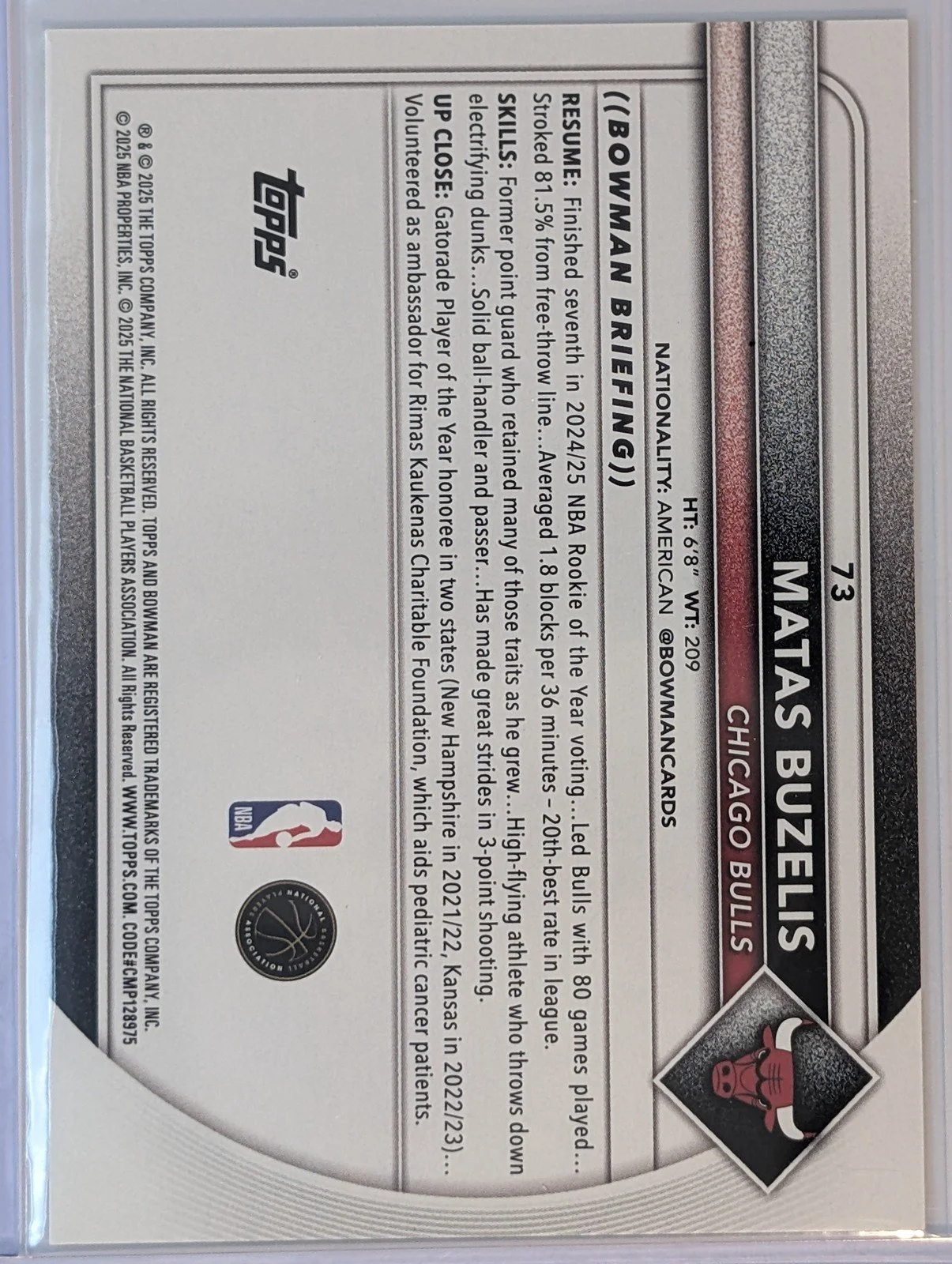 Back of 2025-26 Bowman #73 Matas Buzelis Yellow Border #/75