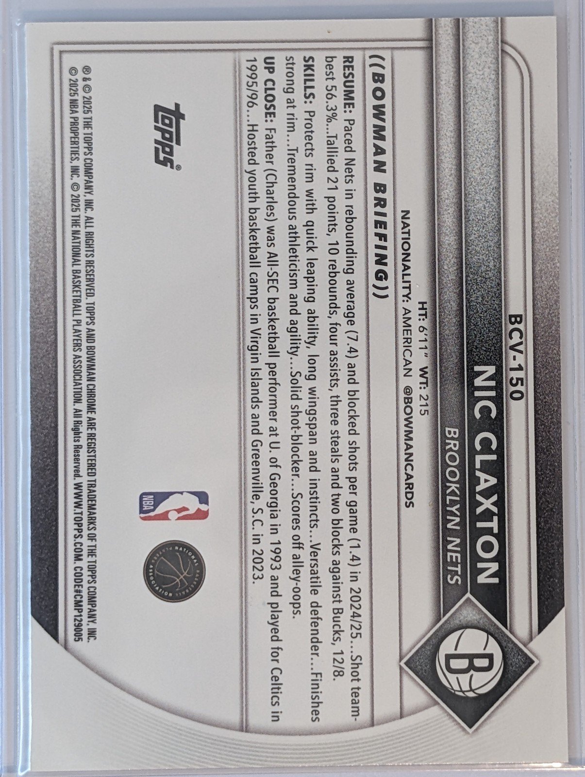 Back of 2025-26 Bowman #BCV-150 Nic Claxton Chrome Mojo Refractors