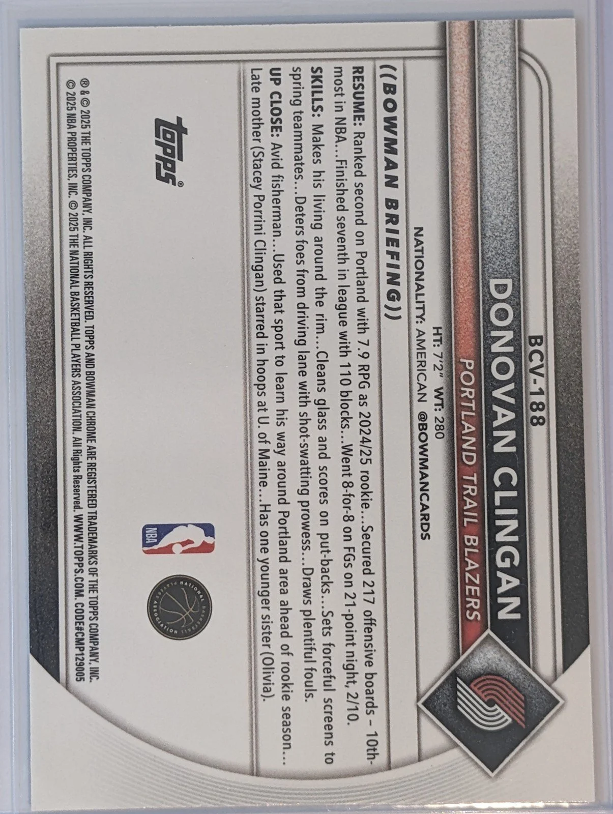 Back of 2025-26 Bowman #BCV-188 Donovan Clingan Chrome Reptilian Refractors