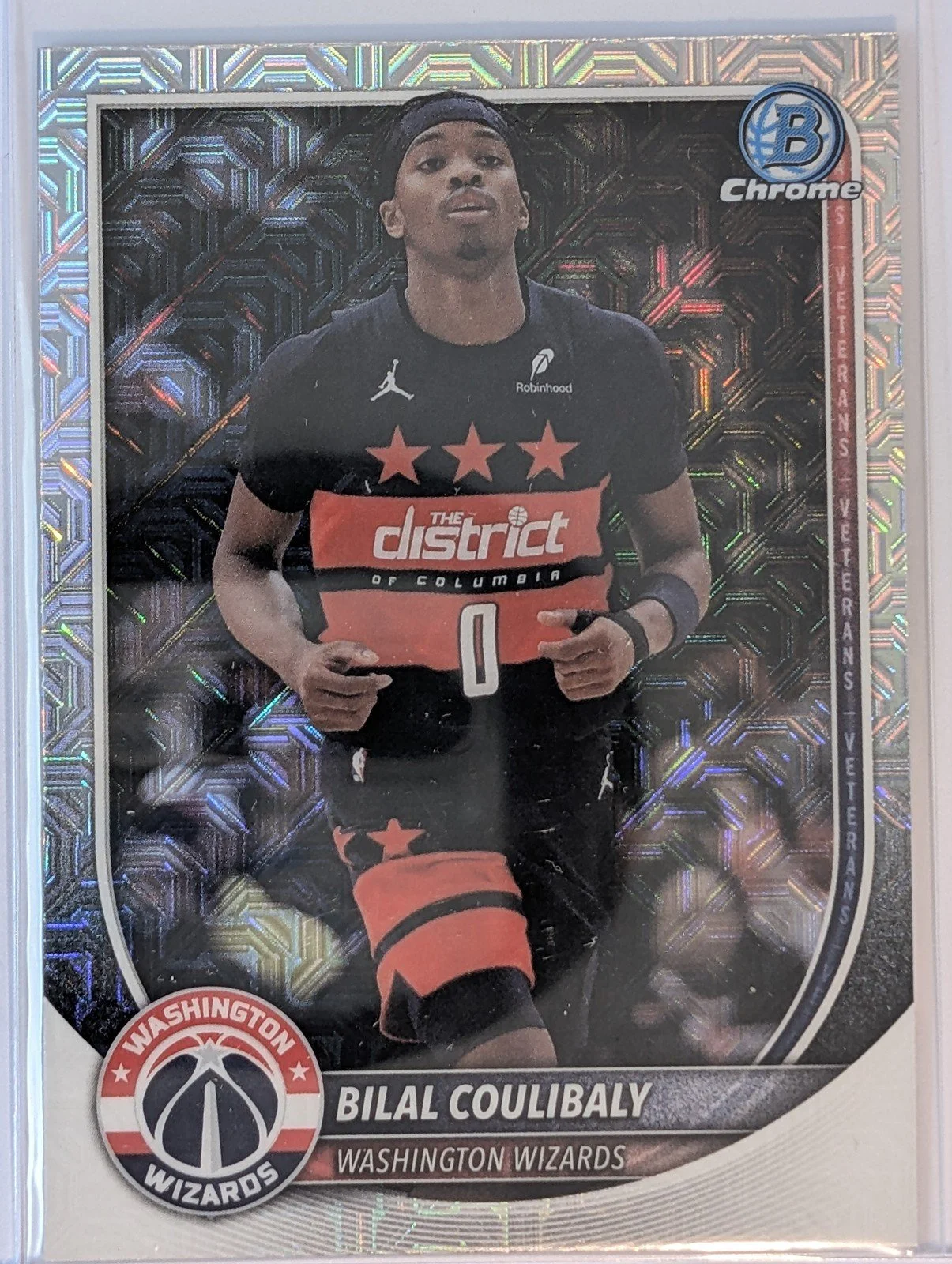 Front of 2025-26 Bowman #BCV-98 Bilal Coulibaly Chrome Mojo Refractors