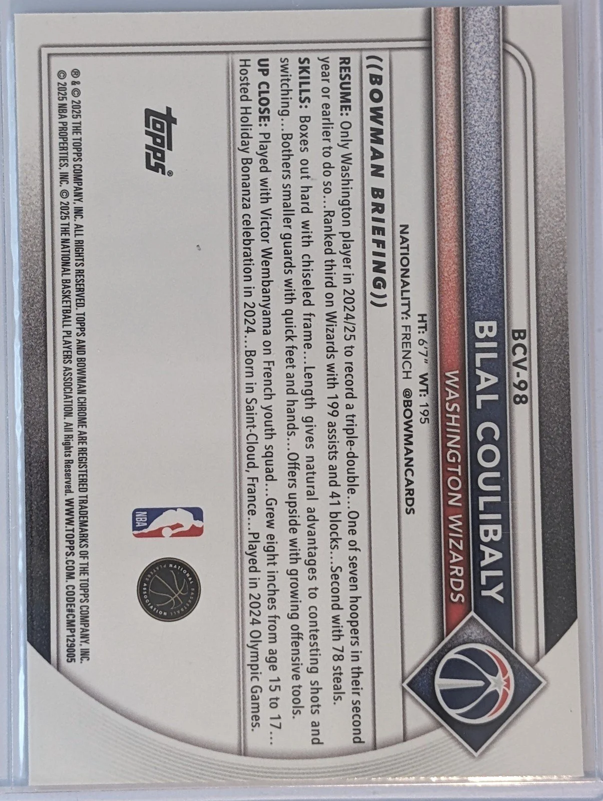 Back of 2025-26 Bowman #BCV-98 Bilal Coulibaly Chrome Mojo Refractors