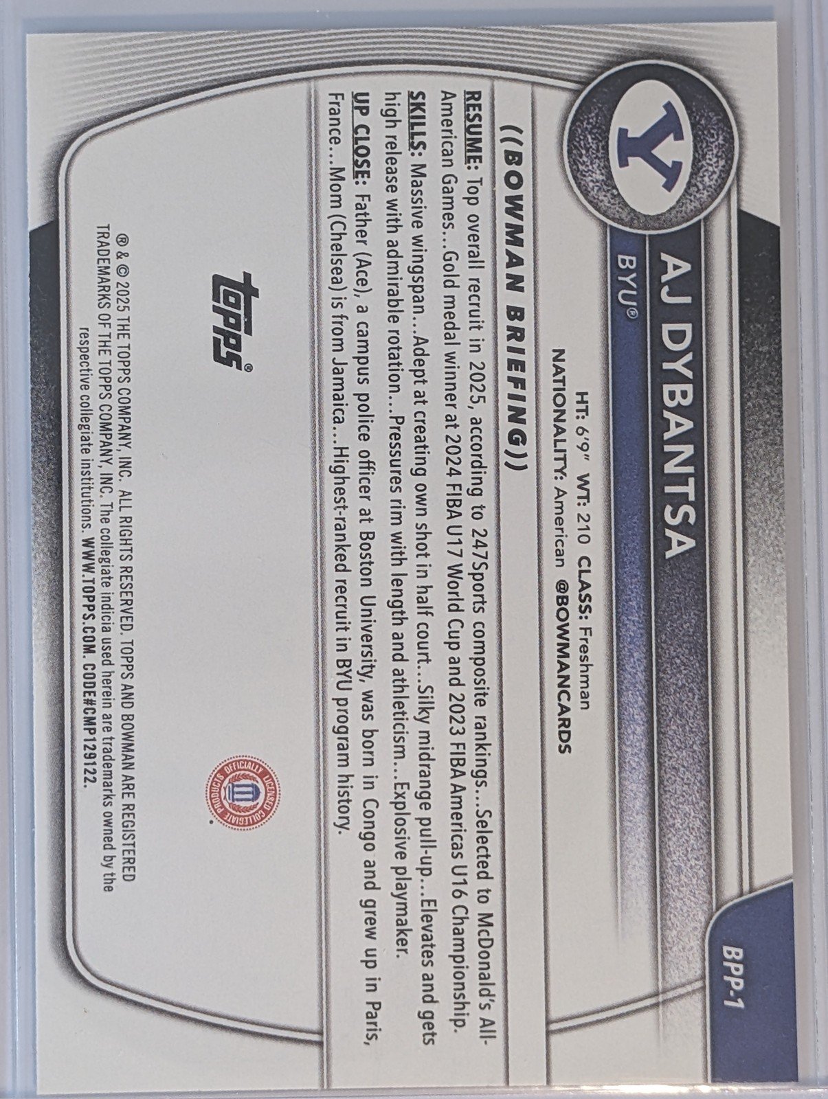 Back of 2025-26 Bowman #BPP-1 AJ Dybantsa Prospects #1 Draft Pick