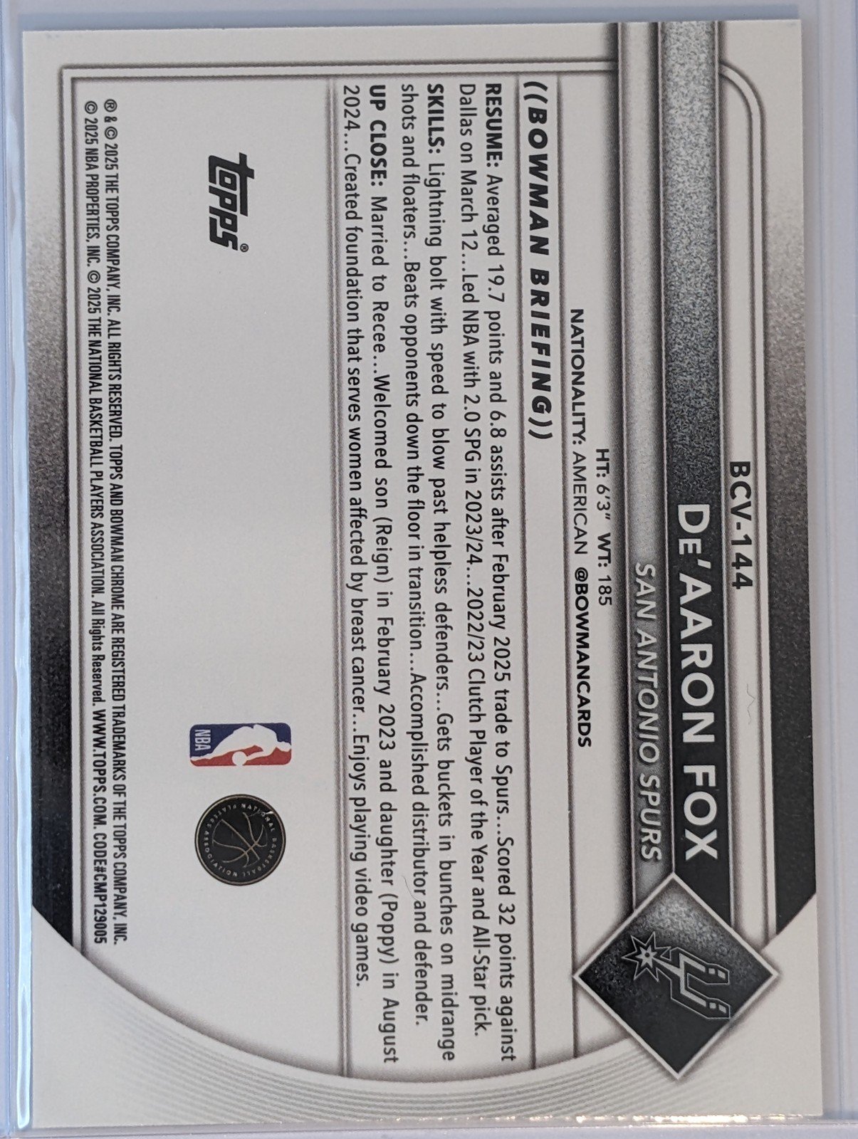 Back of 2025-26 Bowman #BCV-144 De'Aaron Fox Chrome Mojo Refractors