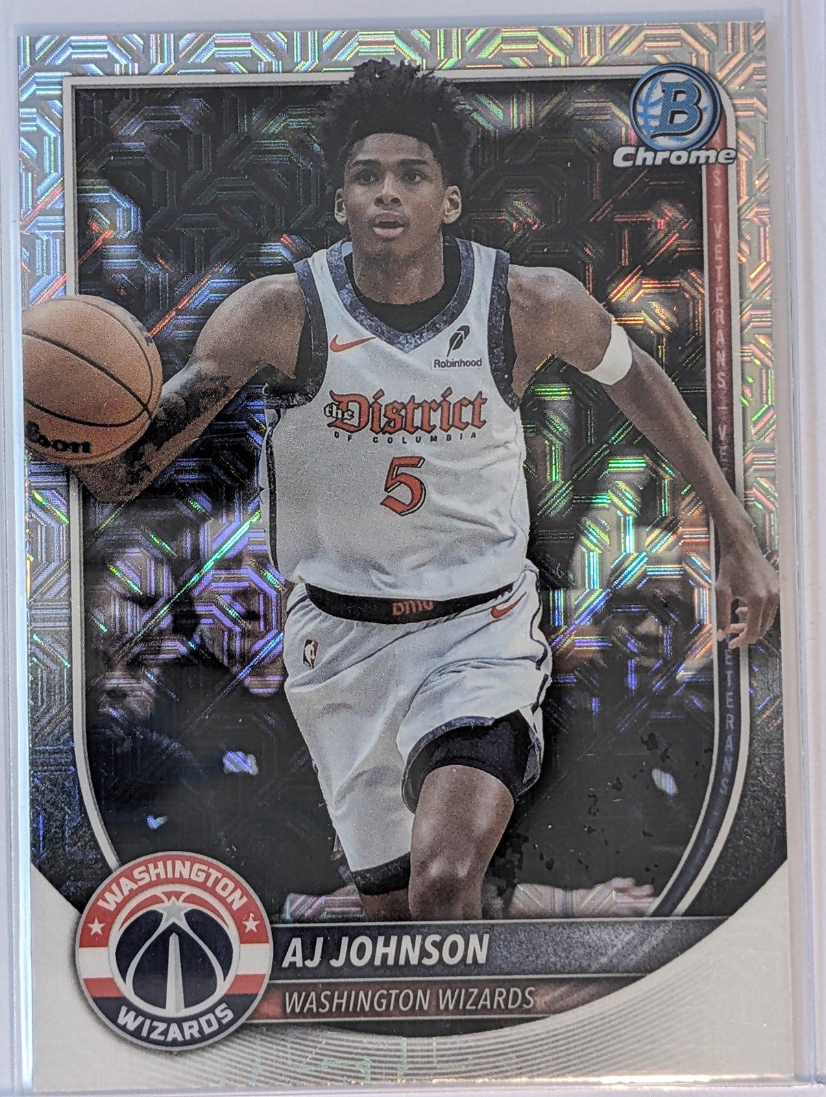 Front of 2025-26 Bowman #BCV-178 AJ Johnson Chrome Mojo Refractors