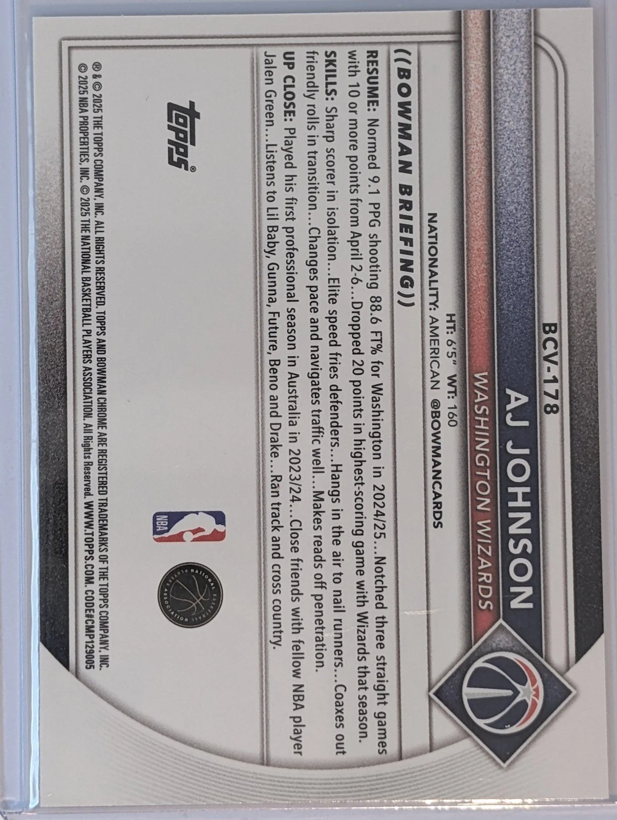 Back of 2025-26 Bowman #BCV-178 AJ Johnson Chrome Mojo Refractors