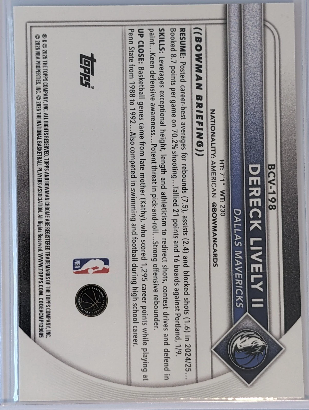 Back of 2025-26 Bowman #BCV-198 Dereck Lively II Chrome Mojo Refractors